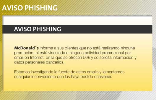 Aviso de phishing de McDonald´s 